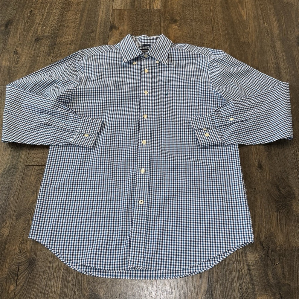 Nautica Wrinkle Proof Men's M Long Sleeve Oxford Shirt Blue Gingham Plaid Work